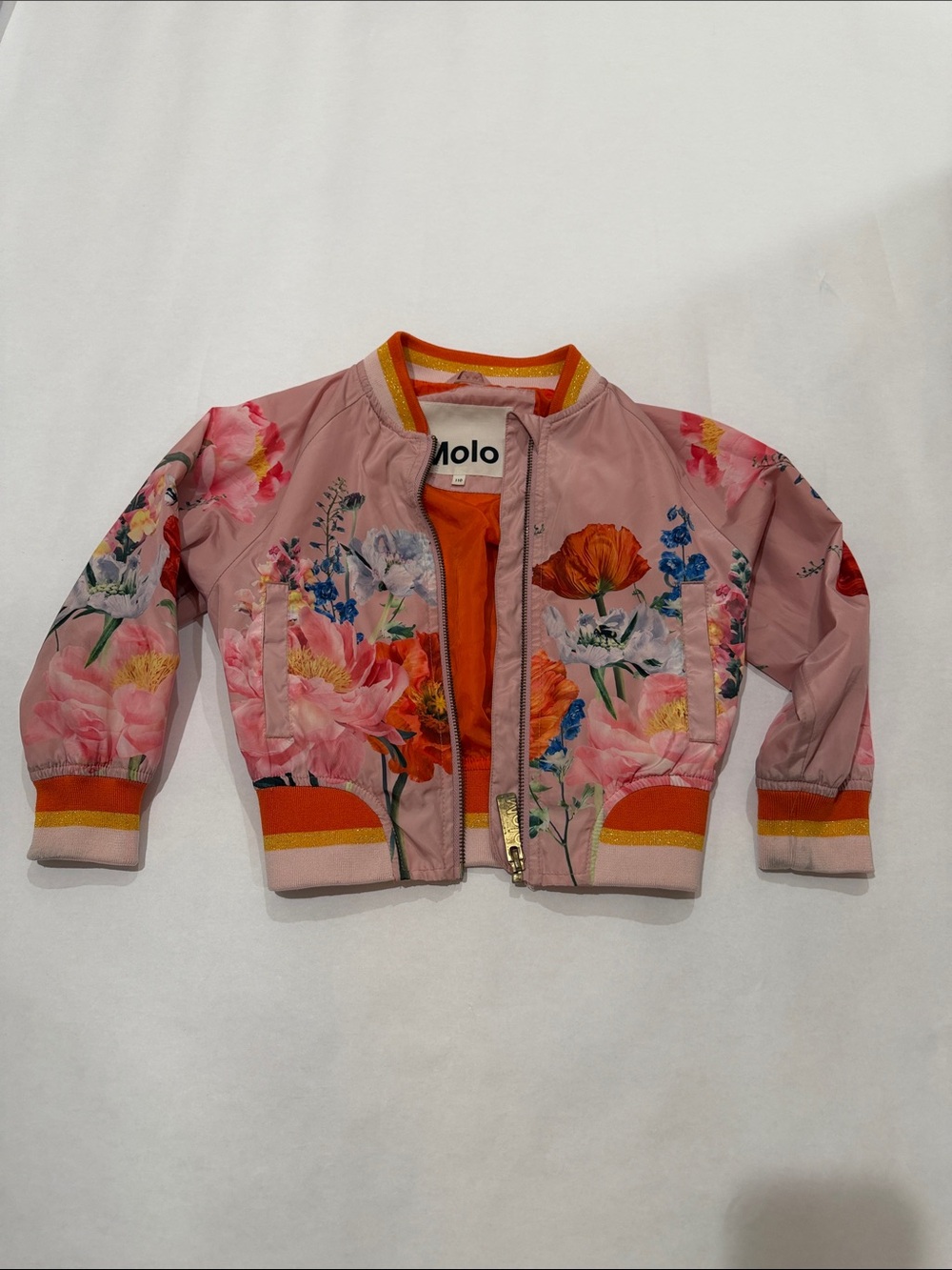 Molo Pink Floral Puffer Jacket with Orange Accents